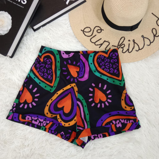 Colorful Abstract Heart Print High-Waist Shorts