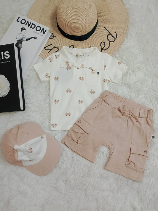 Beige Car Print Polo, Blush Cargo Shorts & Matching Cap