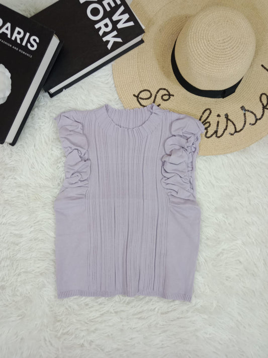 Ribbed Knit Sleeveless Top with Ruffled Arm Detail