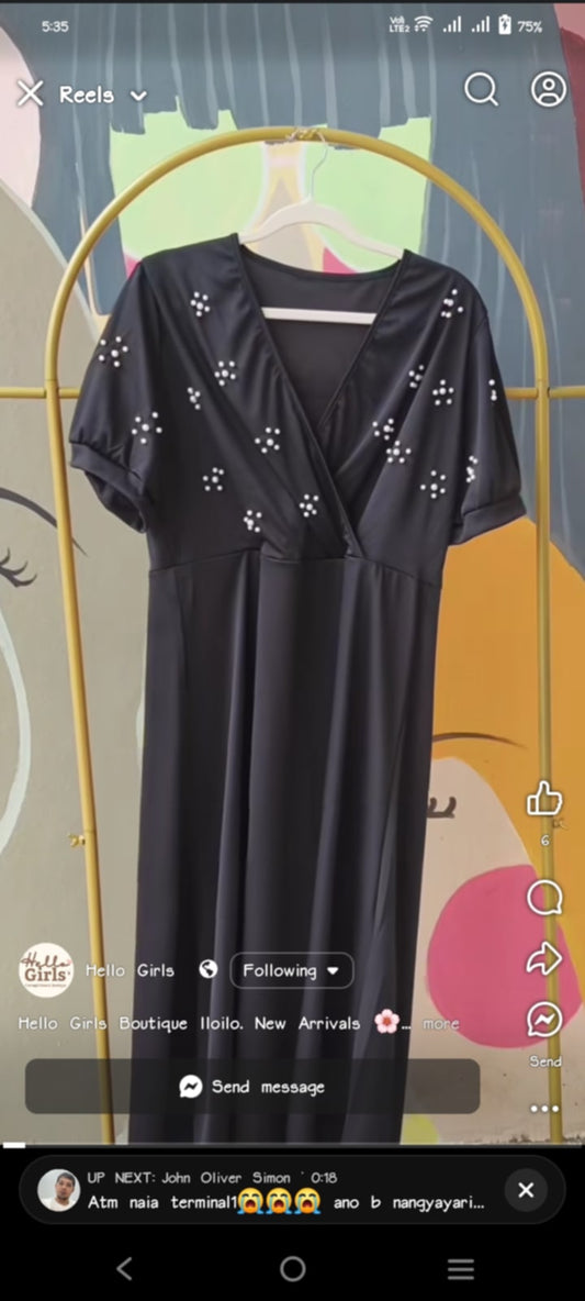 Elegant Pearl Embellished Midi Dress with V-Neck Wrap Design