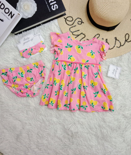 3-Piece Lemon Print Baby Girl Set – Dress, Bloomers & Headband