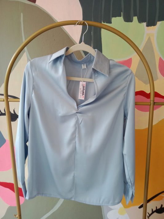 Chic Satin Long Sleeve Collared Blouse