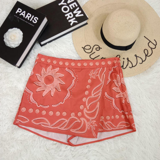 Boho Chic Coral Skort with Embroidered Sun & Leaf Design