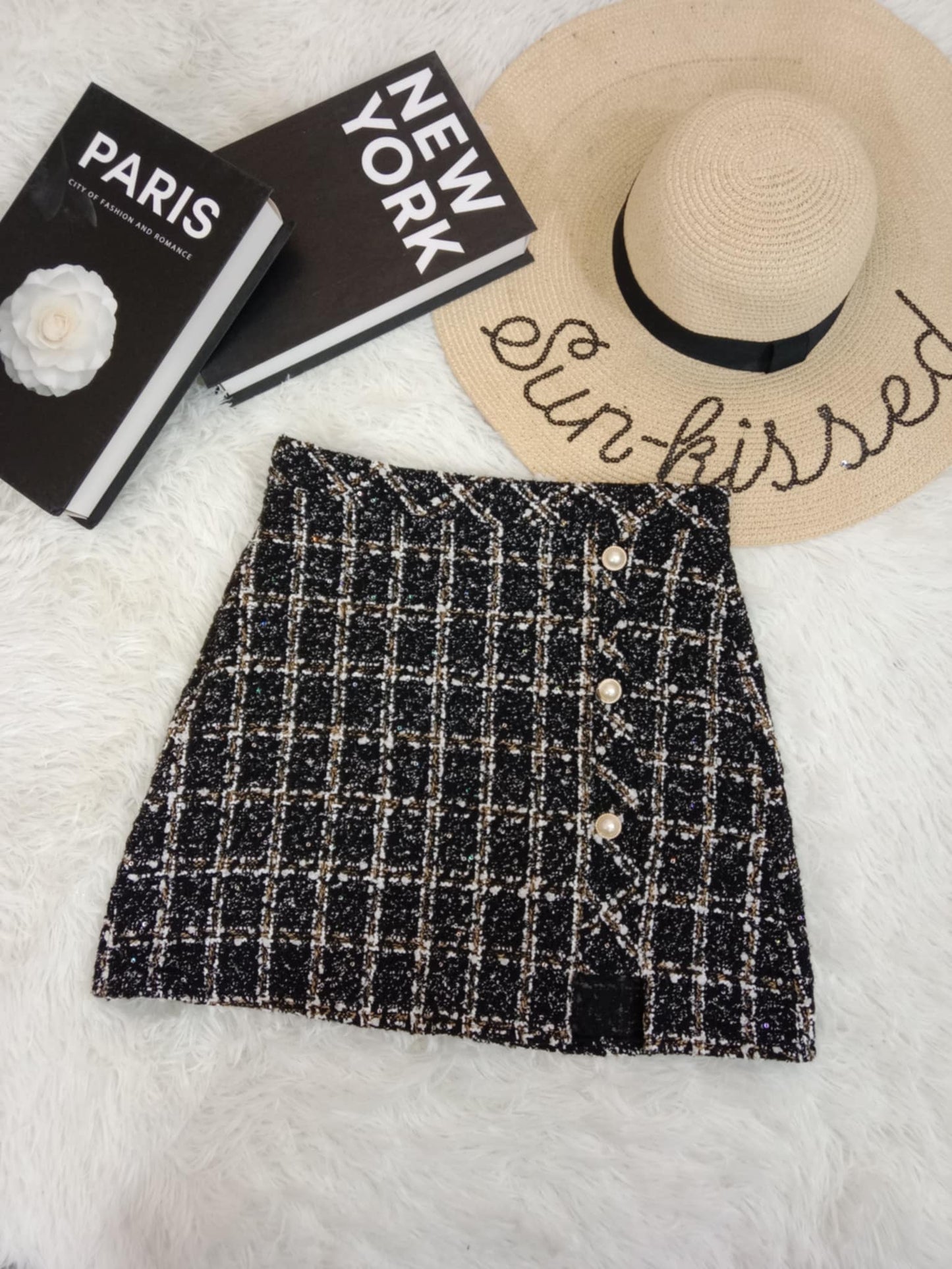 Pearl Button Tweed Mini Skirt – Checkered Elegance