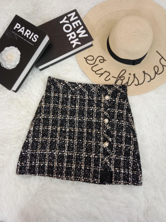 Pearl Button Tweed Mini Skirt – Checkered Elegance