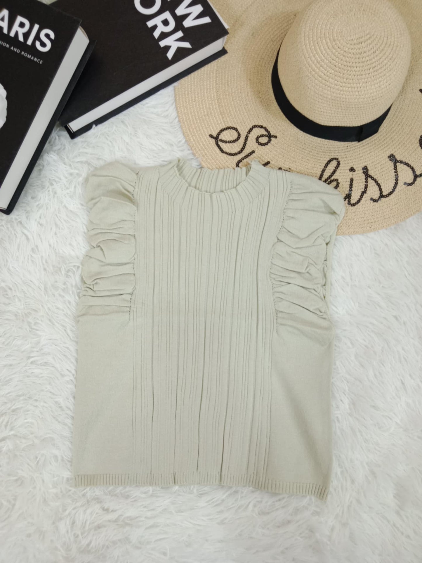 Ribbed Knit Sleeveless Top with Ruffled Arm Detail