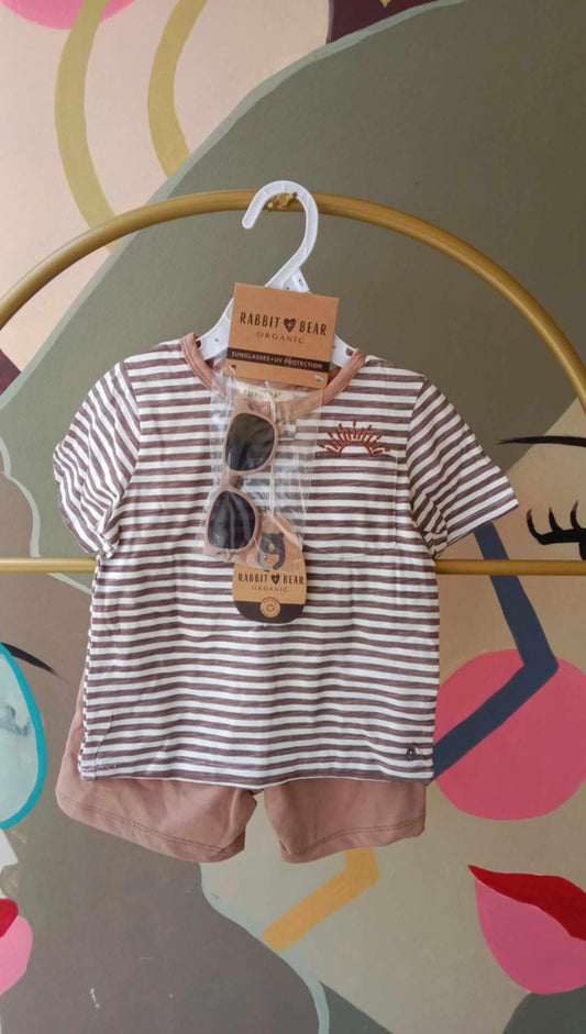 Rabbit + Bear Organic Baby Outfit Set – Striped Tee, Shorts & UV Sunglasses