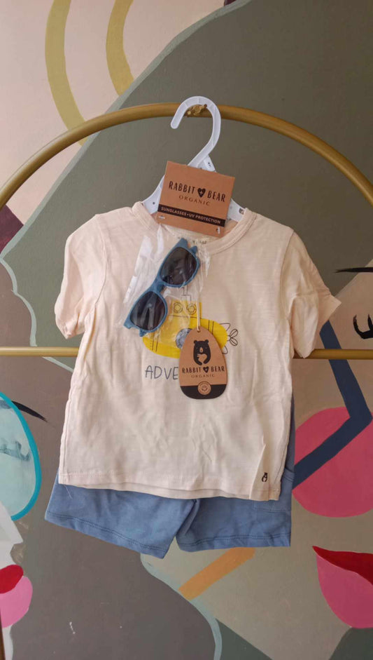 Rabbit + Bear Organic Adventure Set – Submarine Tee, Blue Shorts & UV Sunglasses
