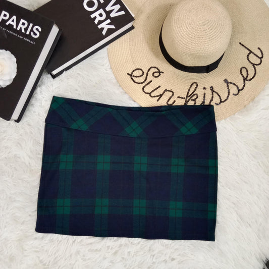 Navy and Green Plaid Mini Skirt with Crossover Waistband