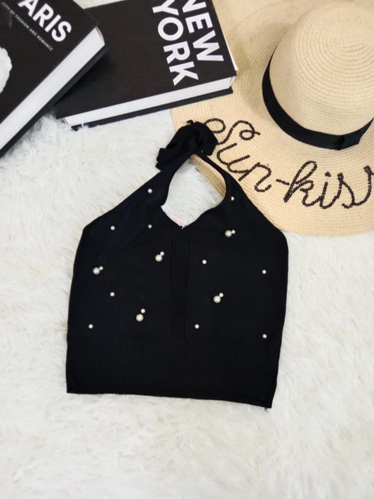Halter Pearl-Embellished Ribbed Crop Top