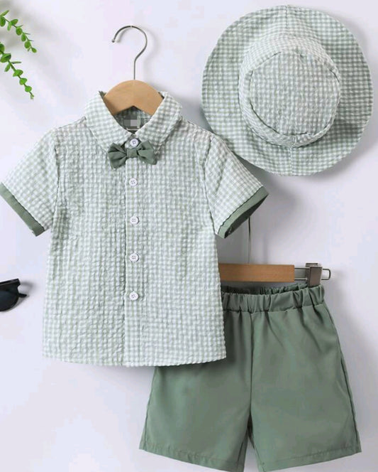 Boys' Plaid Sage Green Polo Set with Bow Tie, Shorts & Hat